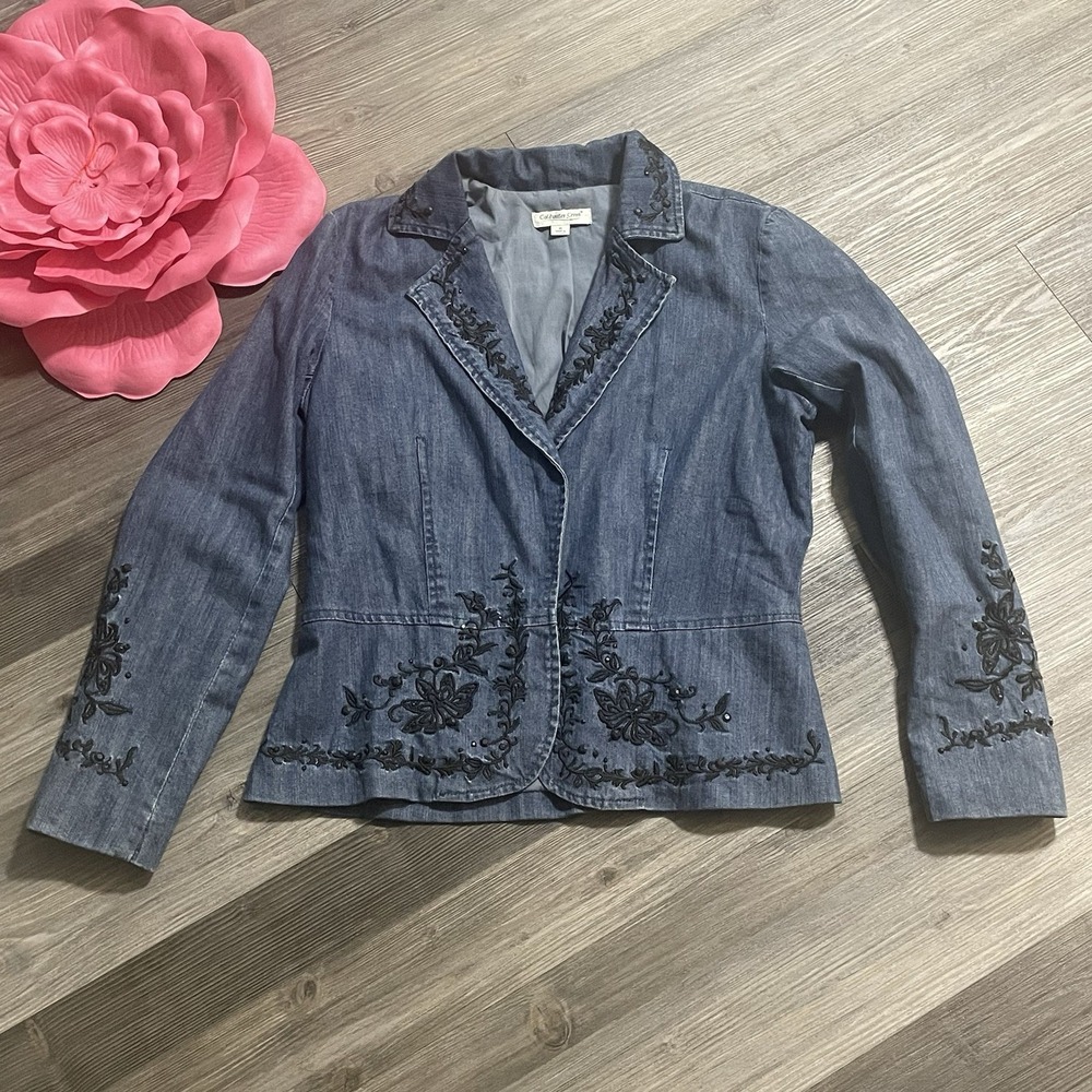 COLDWATER CREEK Sz M Blue Denim Embroidered Blazer Jean Jacket Western Cowgirl